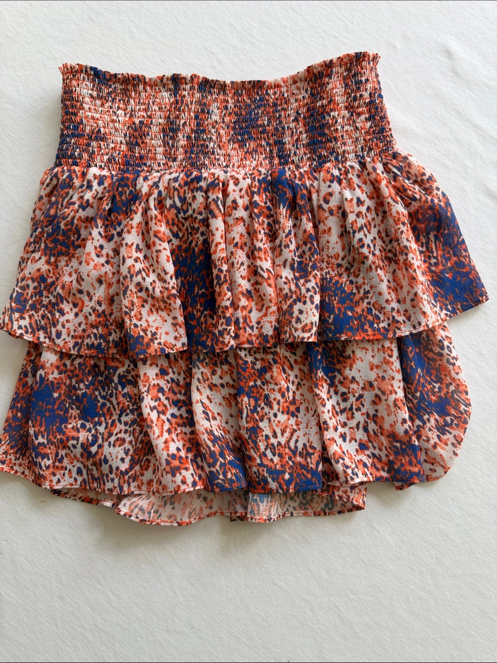 Ramy Brook Orange and Navy Tiered Smocked Mini Skirt